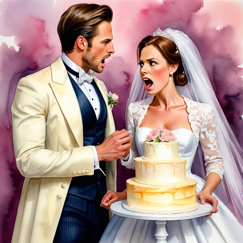 Couple's Emotional Conflict at Wedding Cake Display