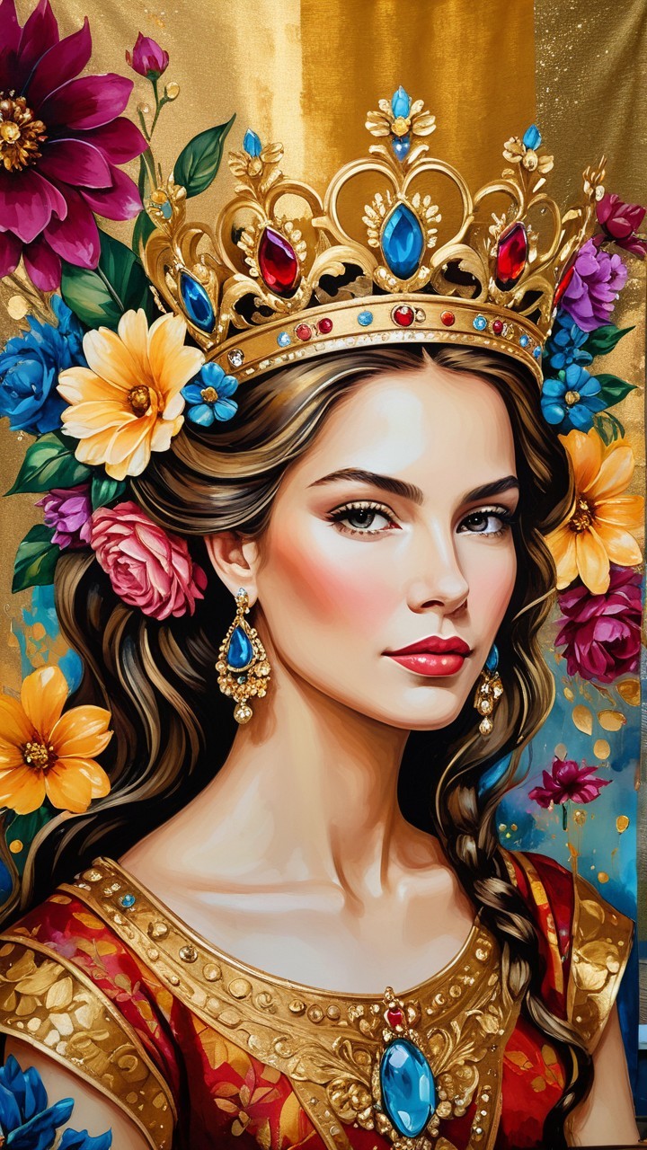 Regal woman with golden crown and ornate dress
