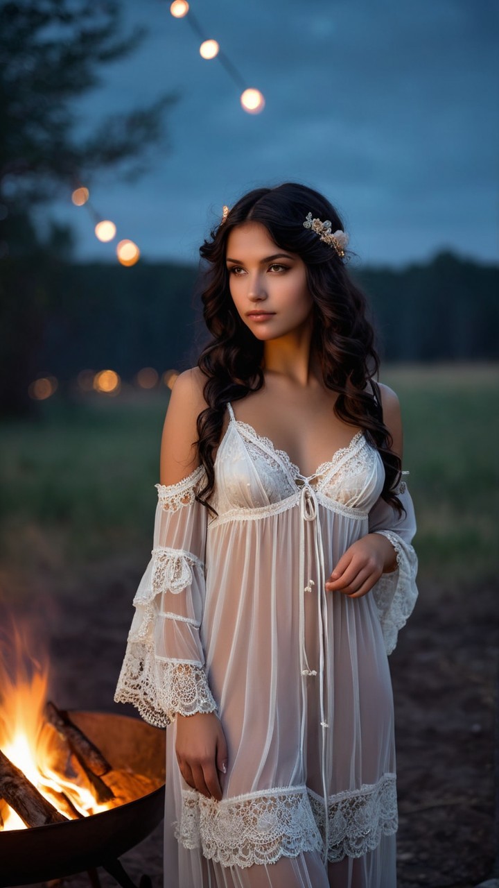 Young woman in lace robe by glowing campfire