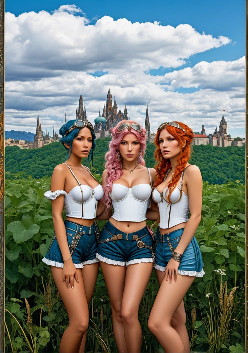 Stylish Women in Steampunk Fashion in Green Field