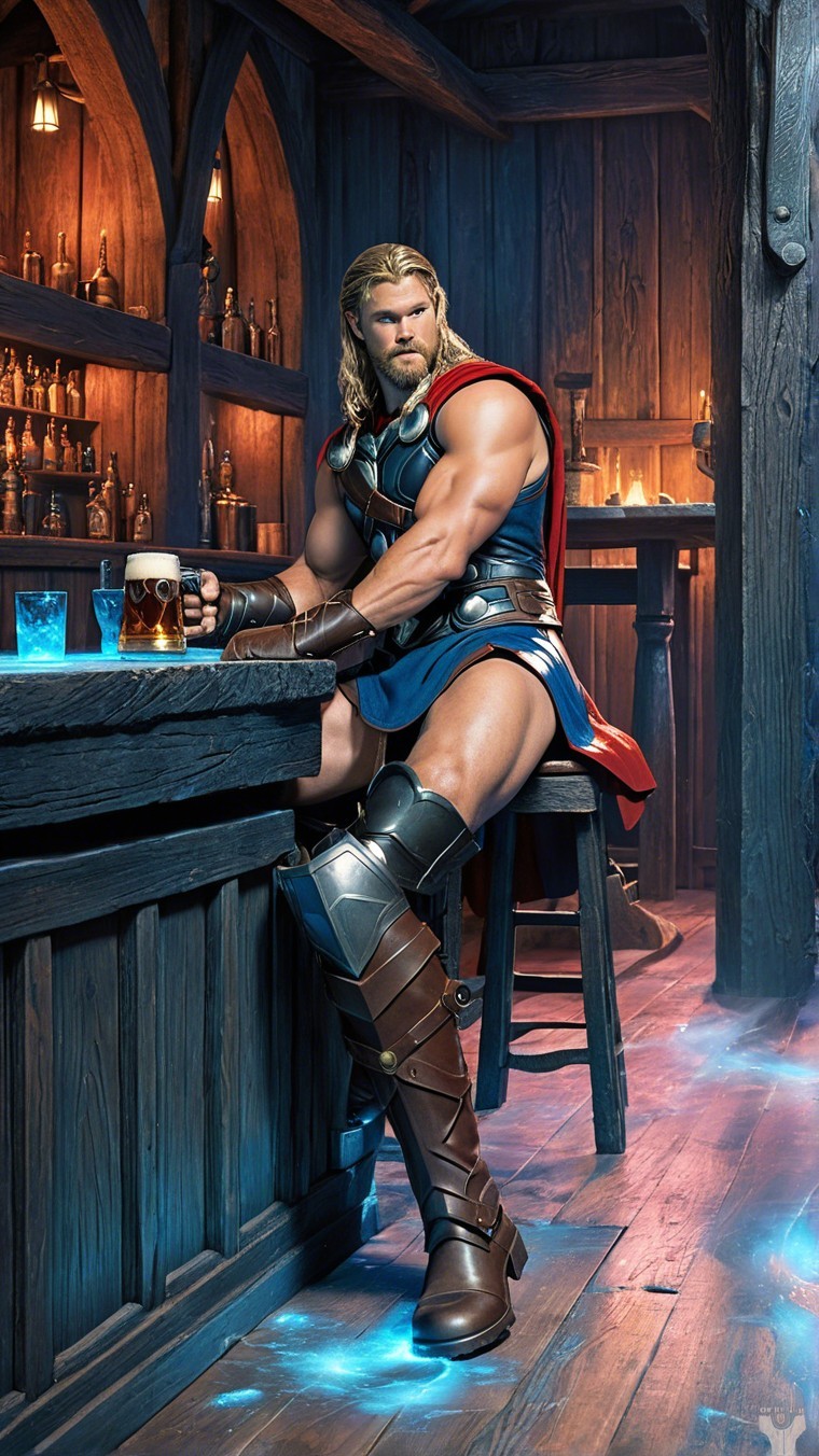Muscular Figure in Warrior Outfit at Rustic Bar