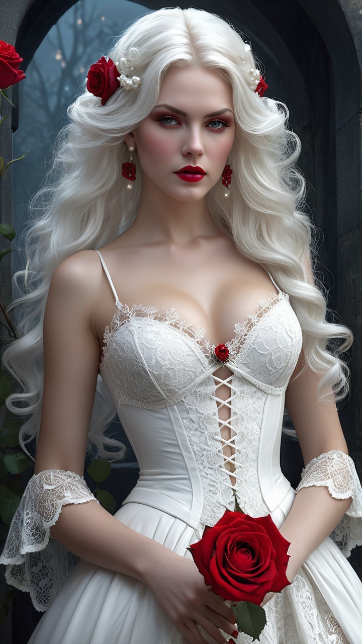 Elegant Bride in Lace Gown with Silver Hair and Rose