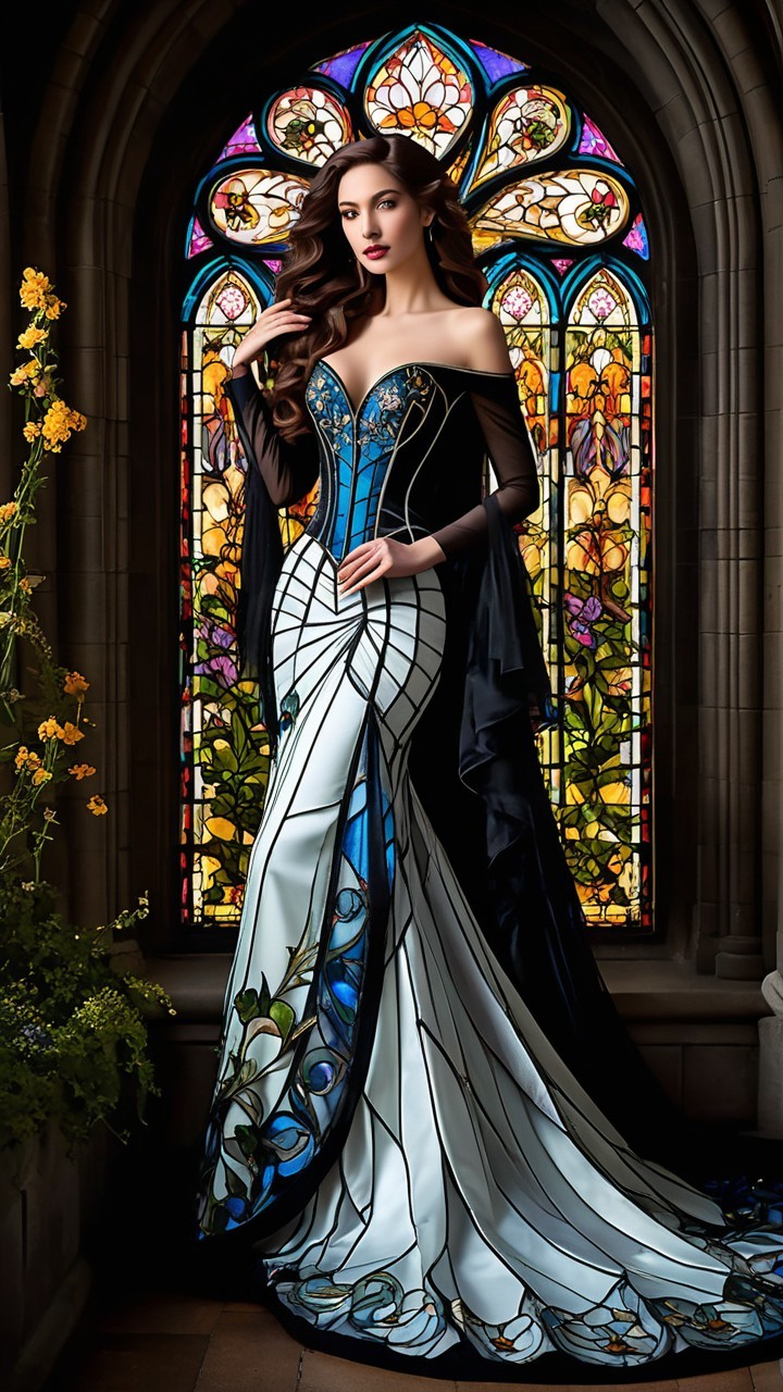 Stunning gown with stained glass design and flowing sleeves