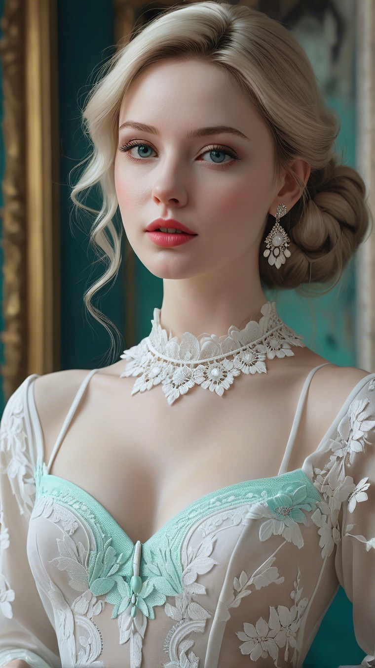 Elegant Young Woman in Lace Gown Against Ornate Backdrop