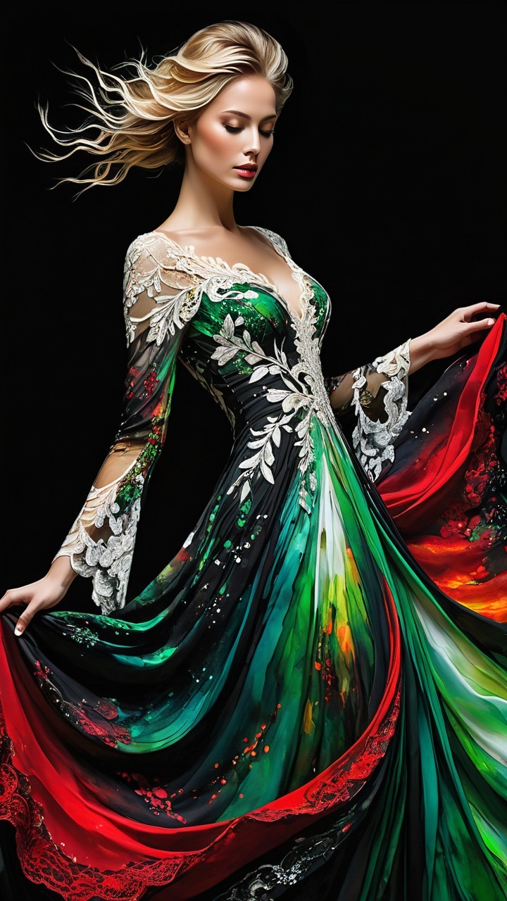 Model in vibrant floral gown with lace details