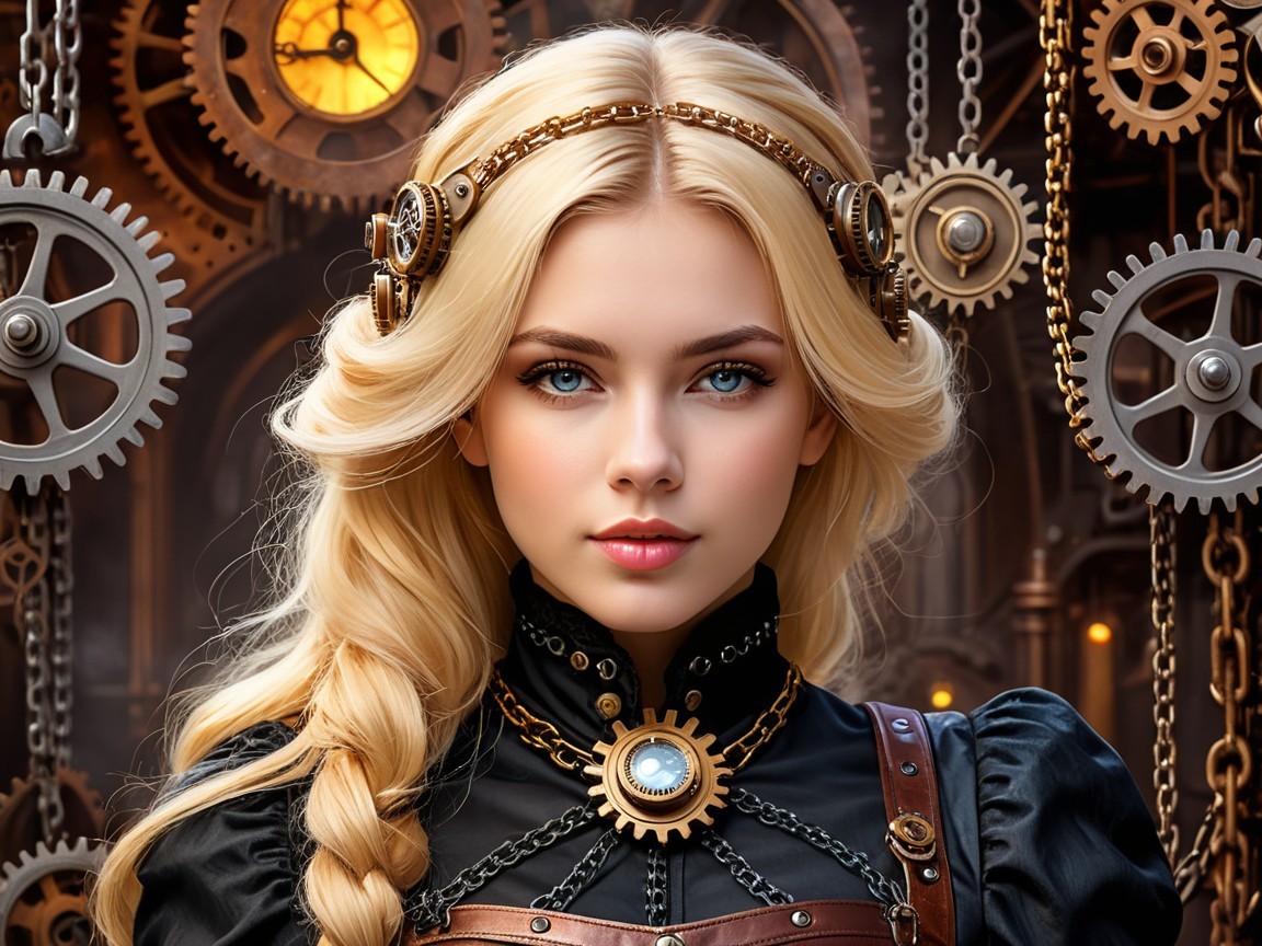 Young Woman in Steampunk Outfit with Clockwork Background