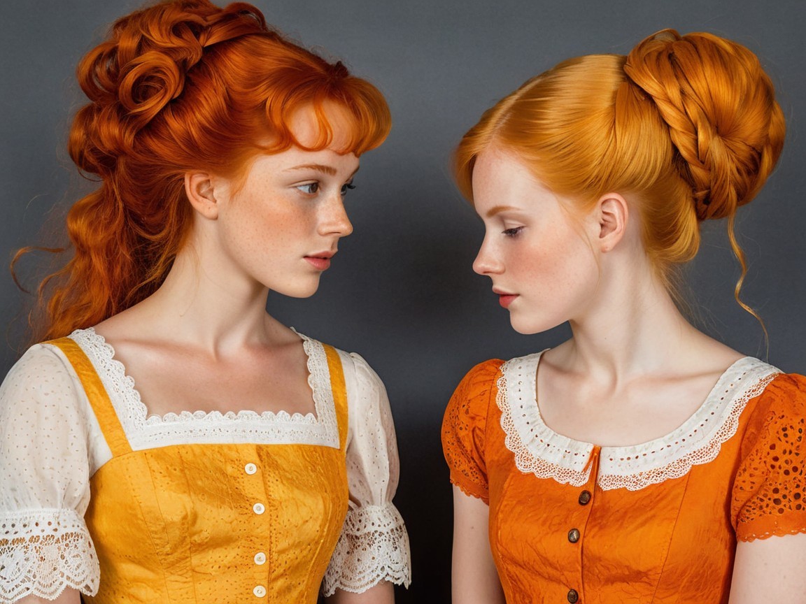 Young women with red hair in vintage dresses
