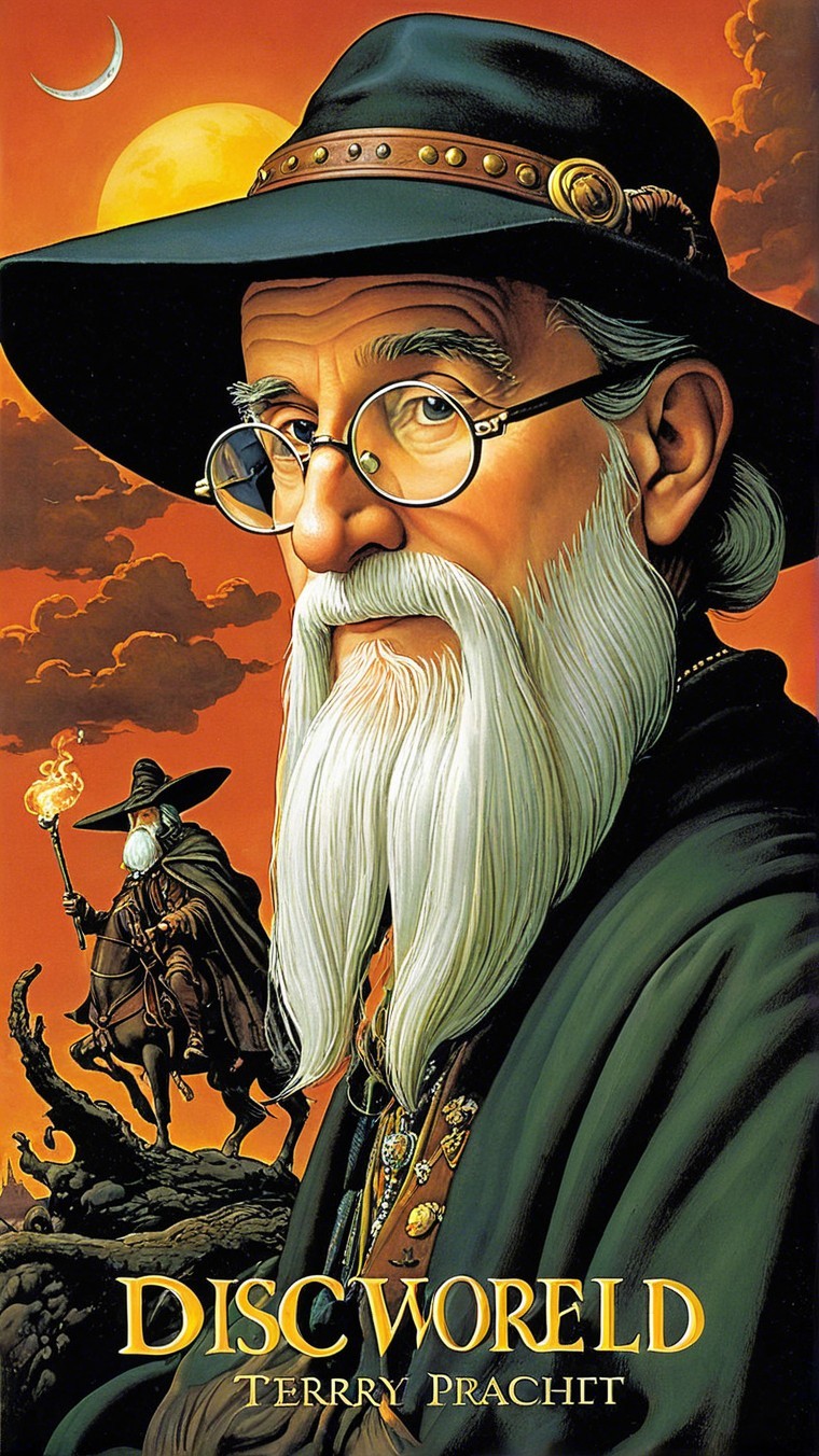 Elderly Wizard in Dark Robe Against Moonlit Landscape