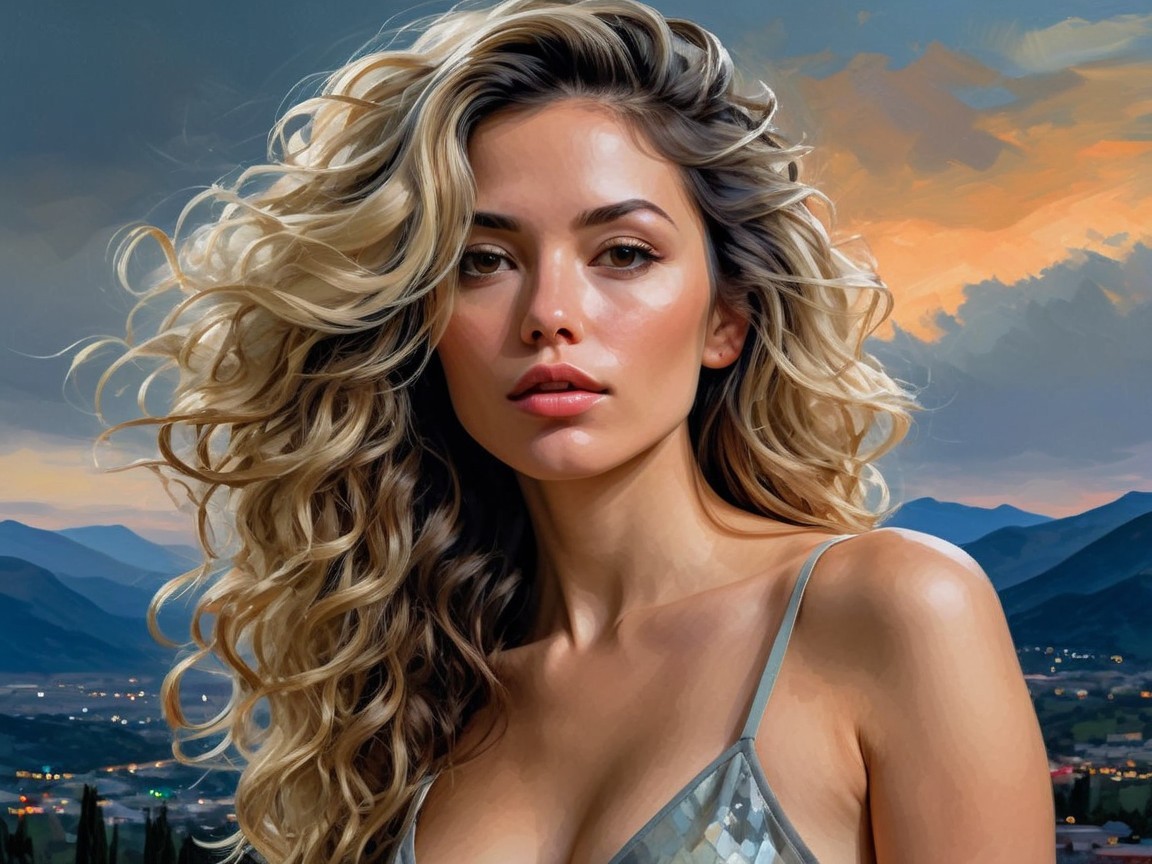 Young Woman in Silver Top Against Mountain Sunset