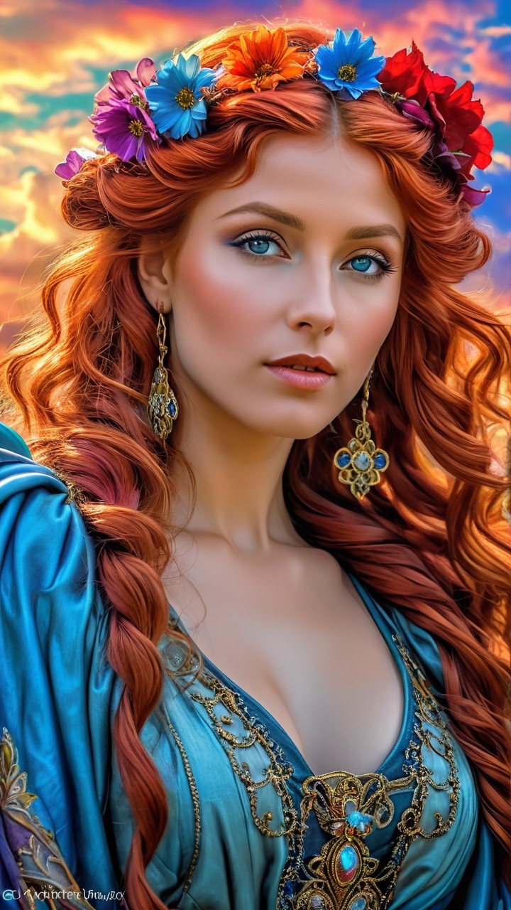 Woman with Red Hair in Floral Adornments at Sunset