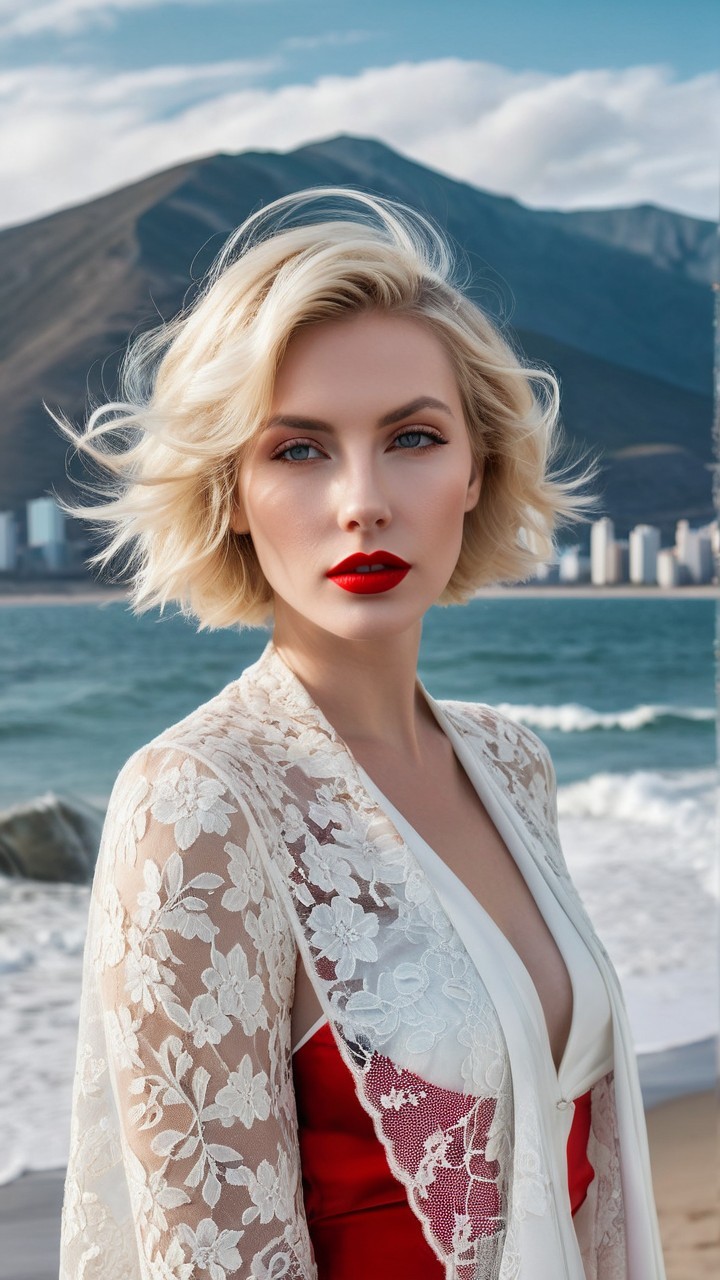 Glamorous Woman on Beach with Ocean and Skyline View