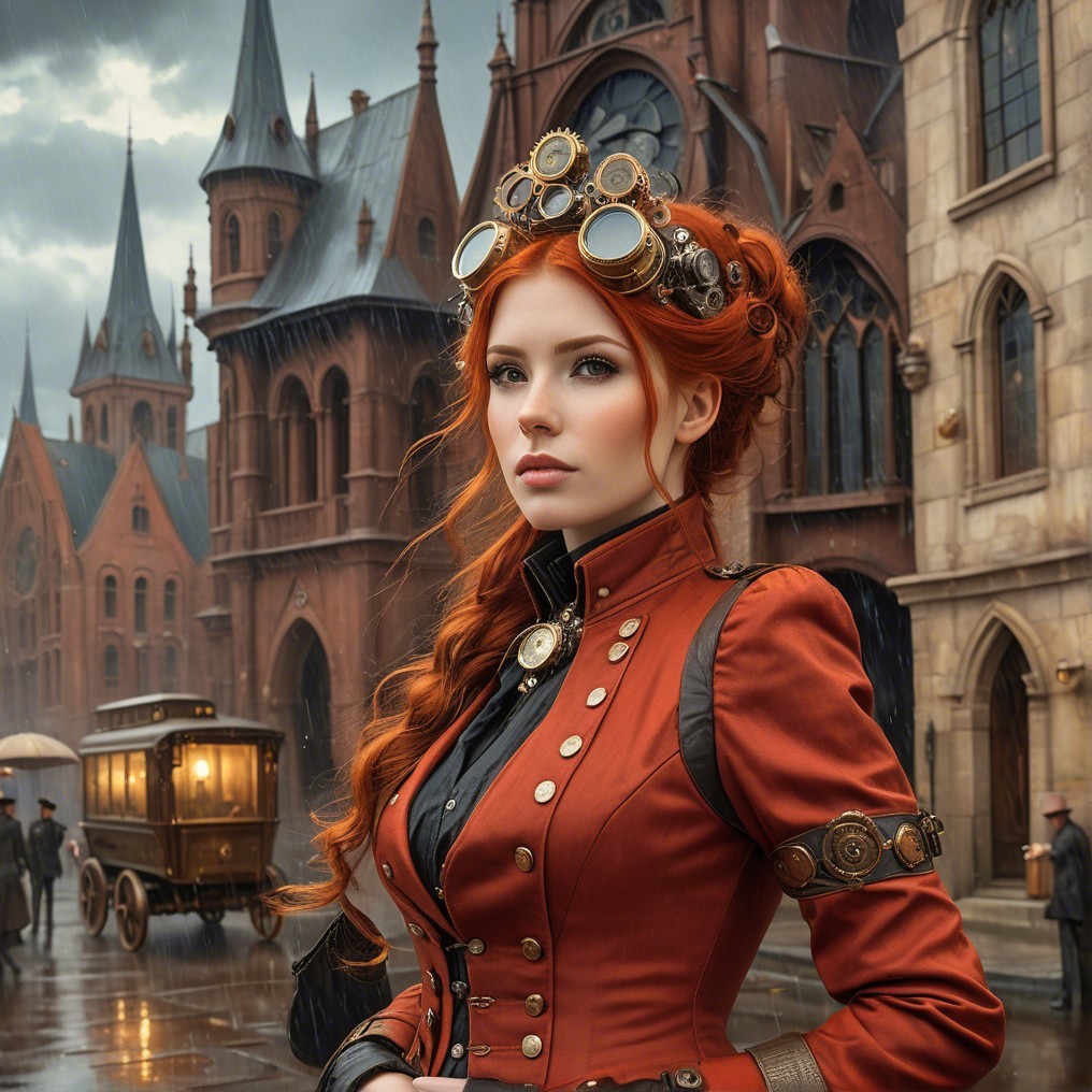 Steampunk Woman with Red Hair in Dramatic Setting