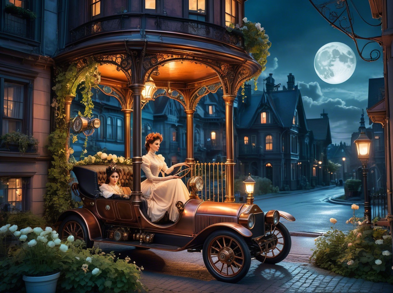 Steampunk Vehicle with Elegant Women in Vintage Setting