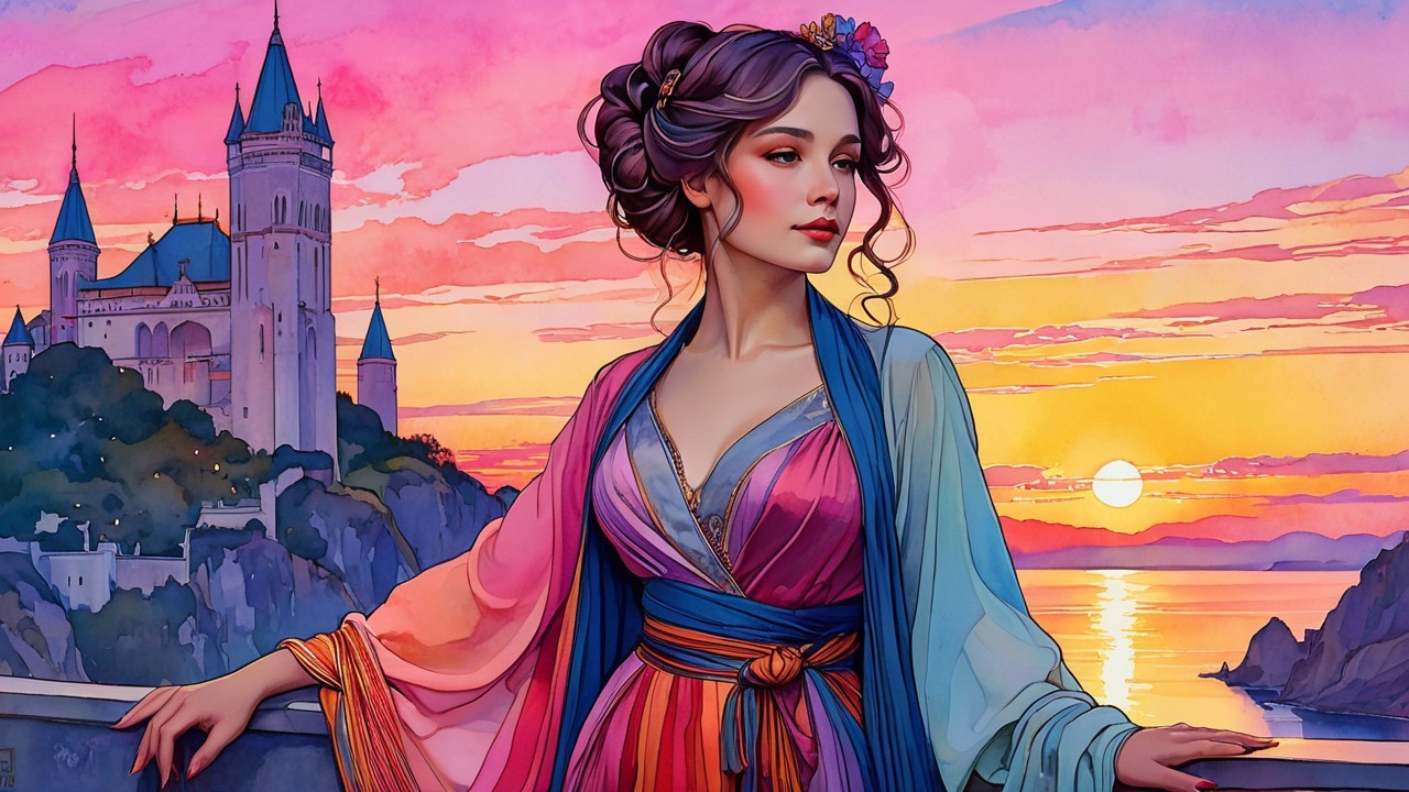 Woman on Balcony Admiring Sunset Over Castle and Sea