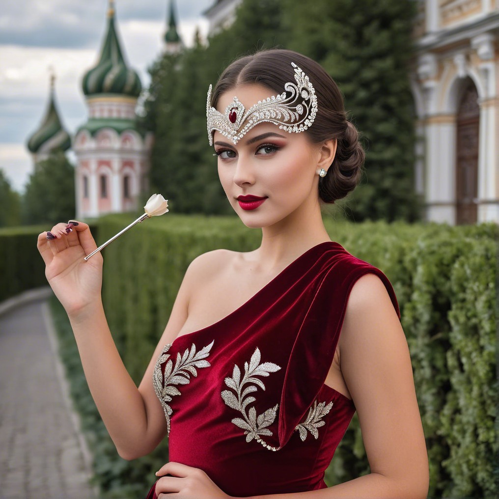Elegant Woman in Burgundy Gown Surrounded by Nature
