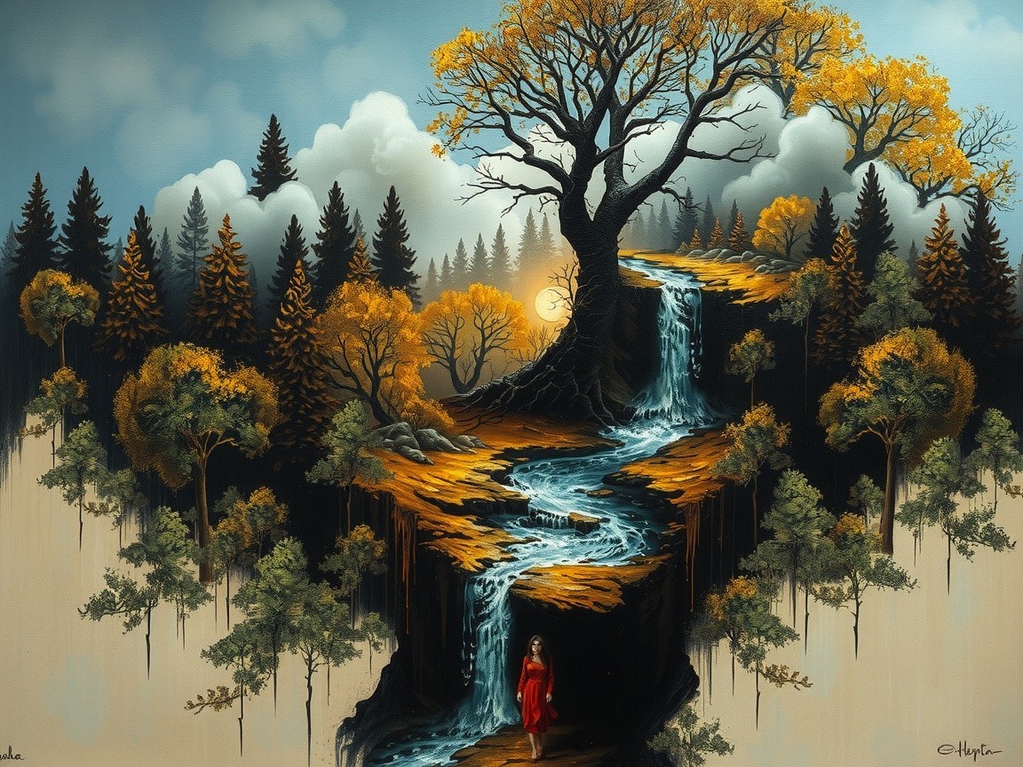Surreal Landscape with Tree and Waterfalls