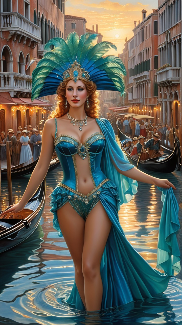 Glamorous Woman in Aqua Ensemble at Venetian Sunset