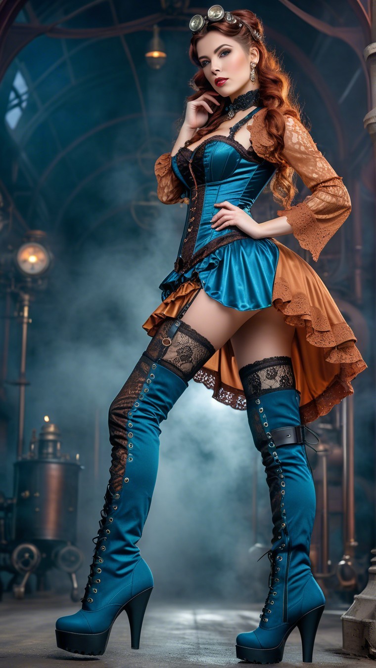 Steampunk Model in Blue and Brown Corset Outfit