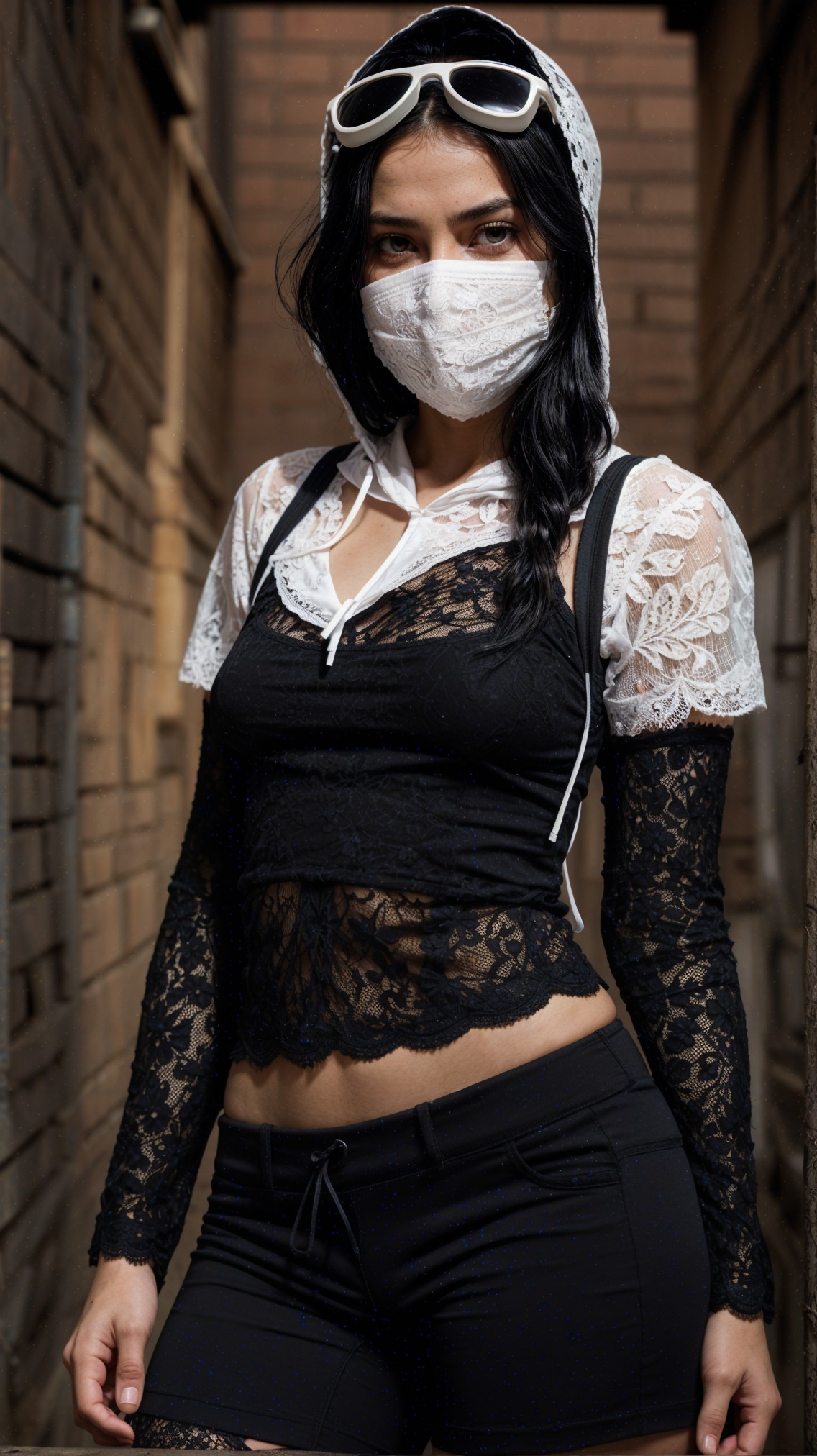 Stylish Figure in Alleyway with Lace Outfit and Sunglasses