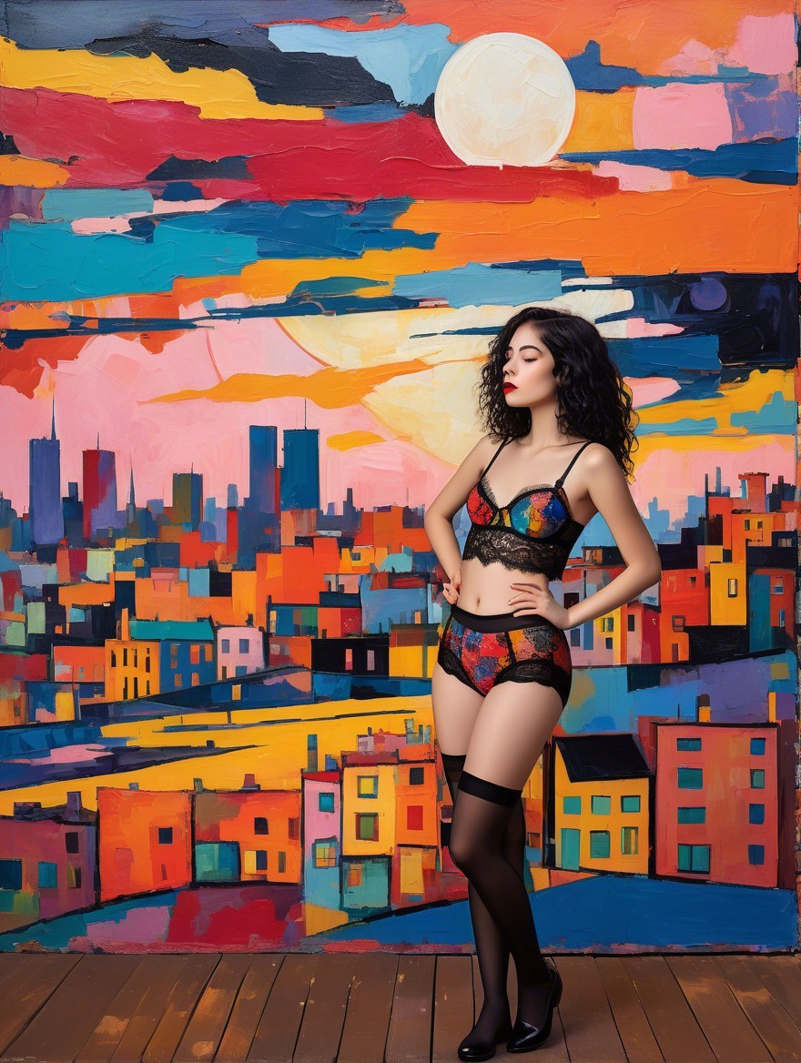 Woman in Colorful Lingerie Against City Skyline Backdrop