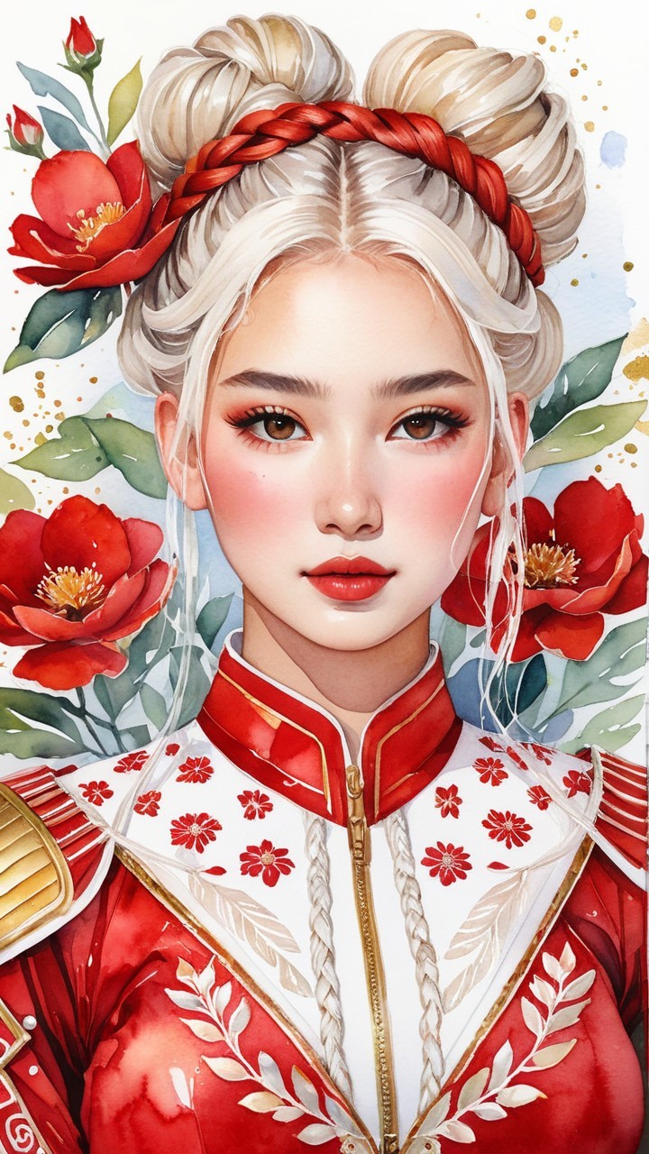 Portrait of a Young Woman in Red with Floral Accents