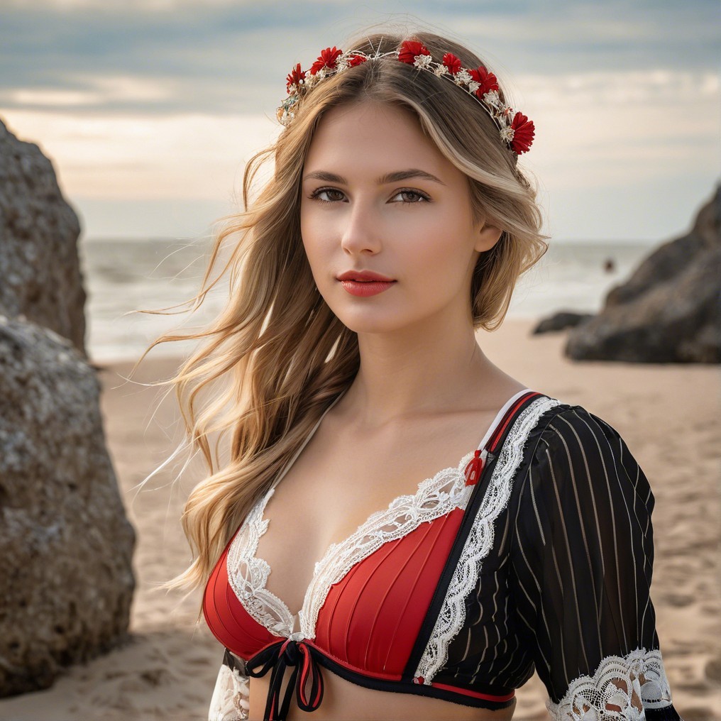 Young woman in red bikini on sandy beach with rocks
