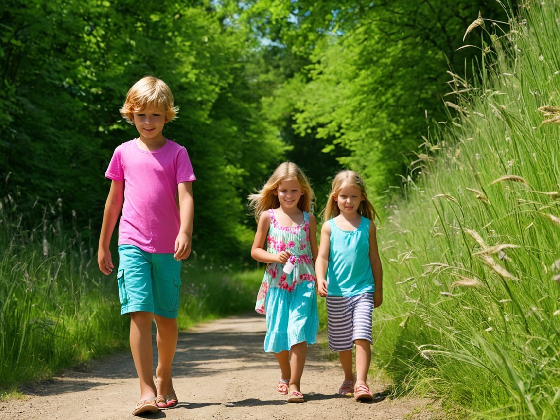 Children Walking on a Sunlit Path Surrounded by Trees