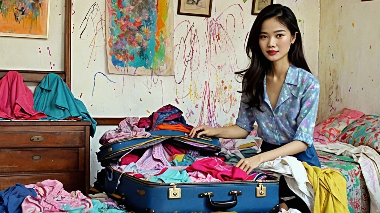 Young woman in cluttered room with colorful clothes