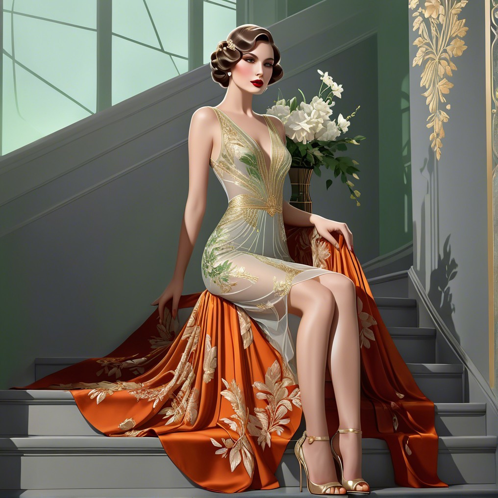 Glamorous Woman in Embroidered Gown on Staircase