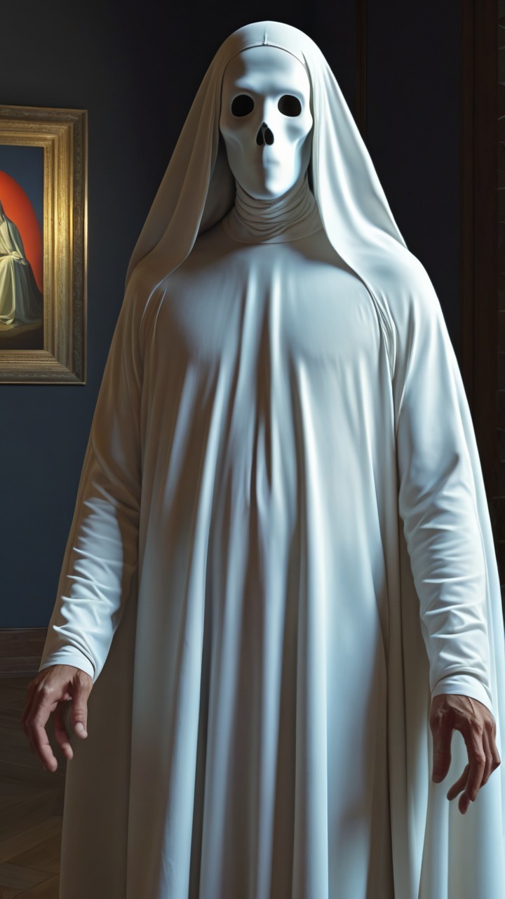 Person in White Robe and Skull Mask in Dim Room