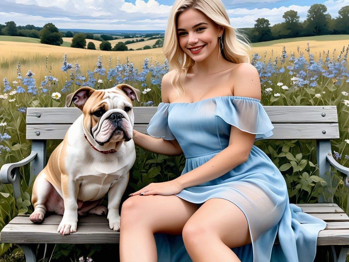 Young woman in blue dress with bulldog in flower field