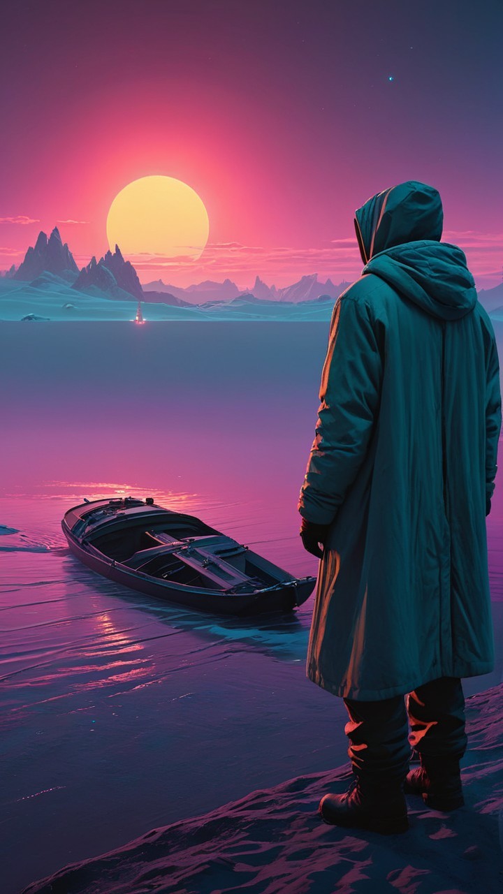 Hooded Figure at Sunset on Tranquil Icy Shore