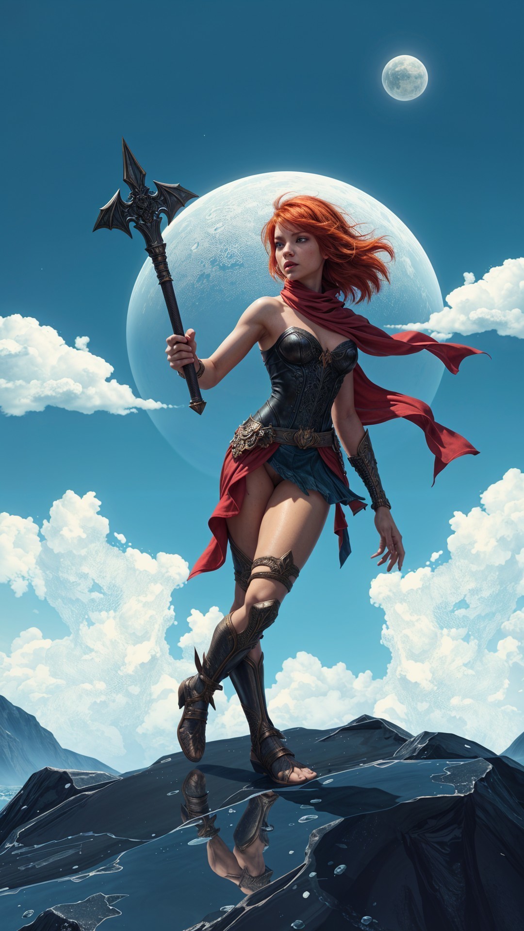 Warrior on Rocky Outcrop with Spear and Moonlit Sky