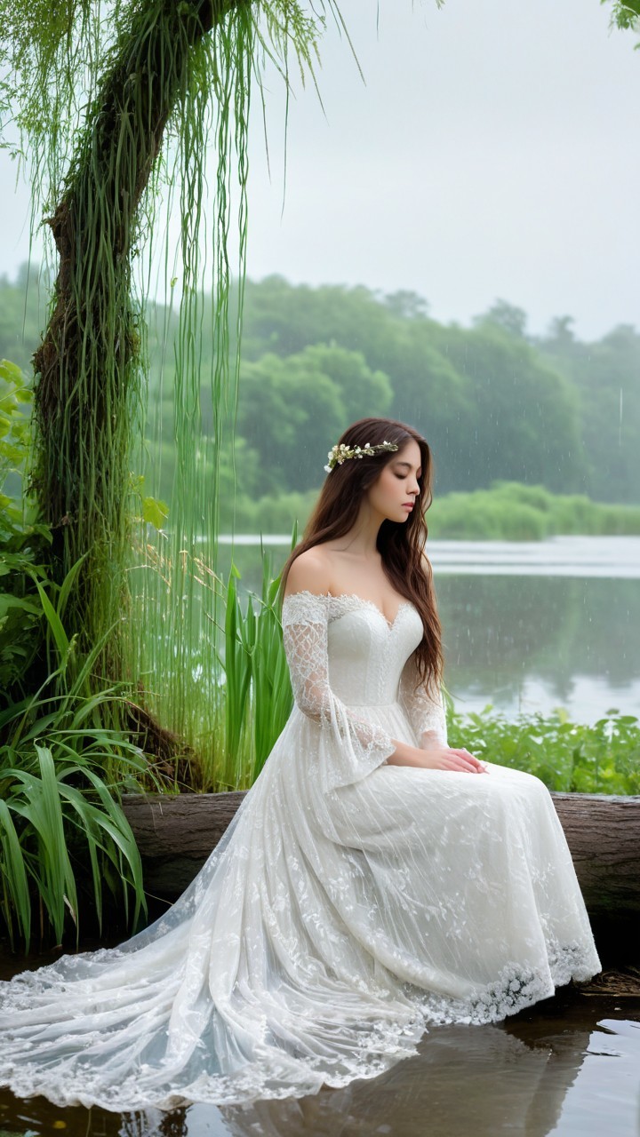 Young Woman in White Gown by Tranquil Lake