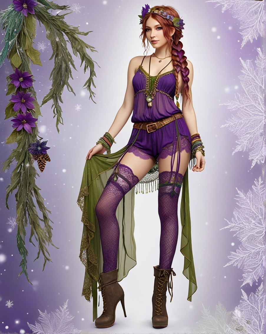 Young Woman in Bohemian Outfit with Floral Backdrop