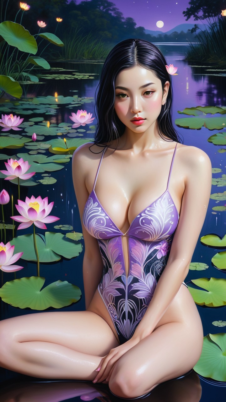 Nighttime Serenity in a Pond with Lotus Flowers