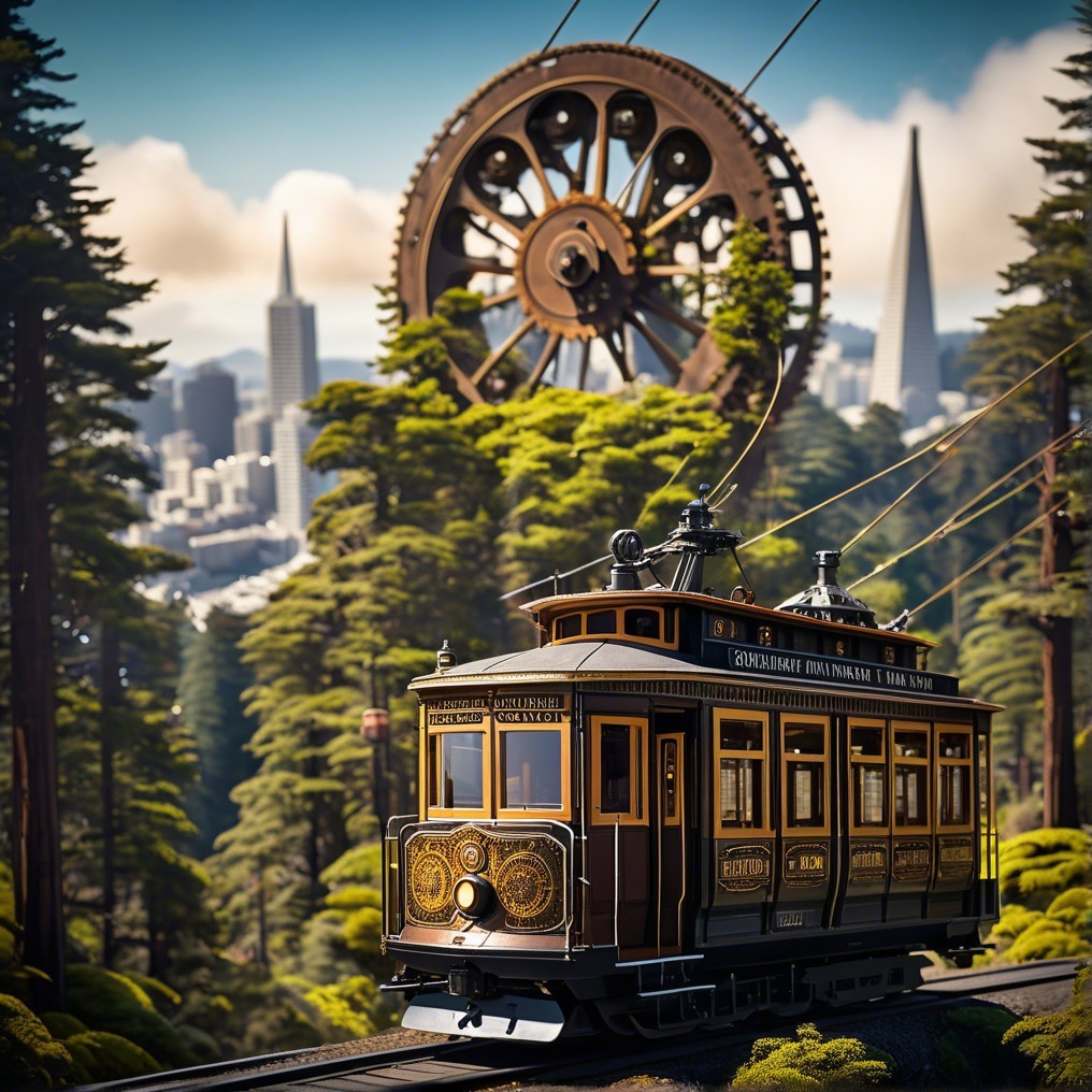 Vintage Cable Car Amidst Nature and City Skyline