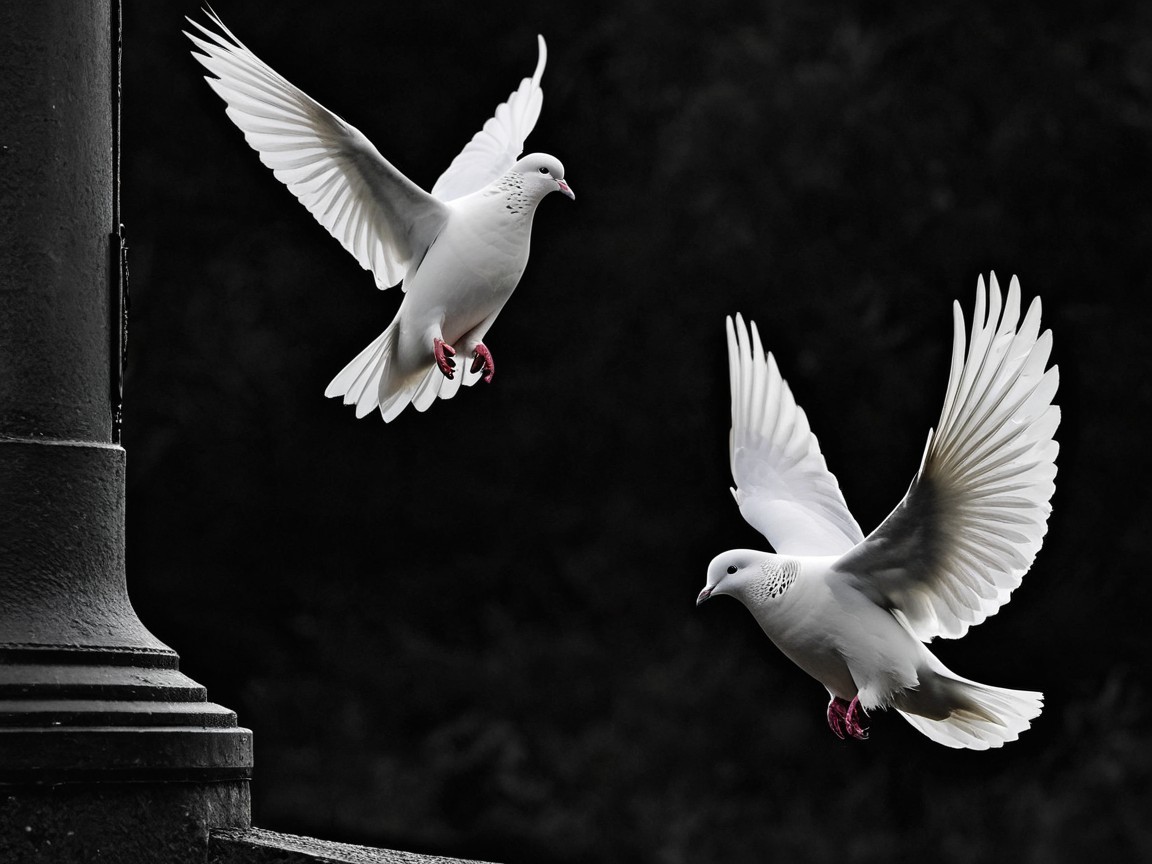 White Doves in Mid-Flight Against Dark Background