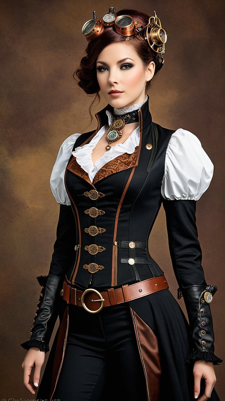 Steampunk-Inspired Woman in Elegant Outfit and Accessories