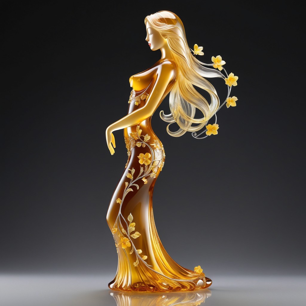 Elegant Glass Figurine of a Woman in Amber Gown