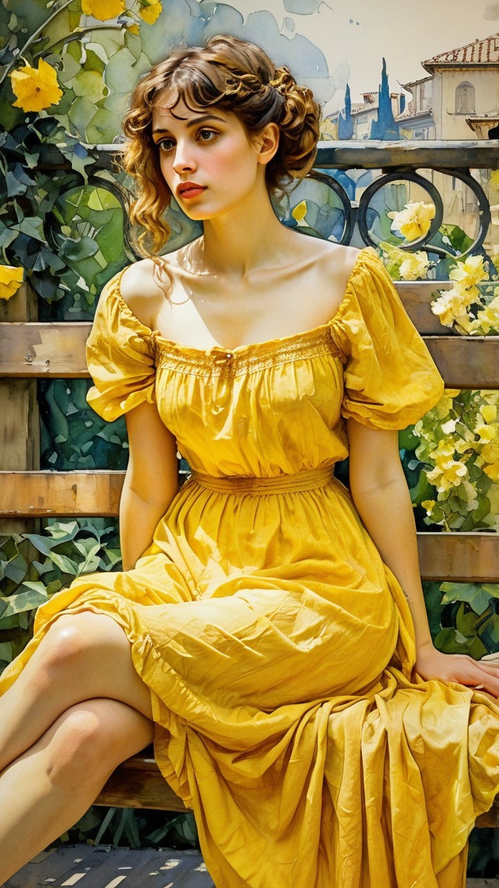 Young woman in yellow dress seated in garden setting