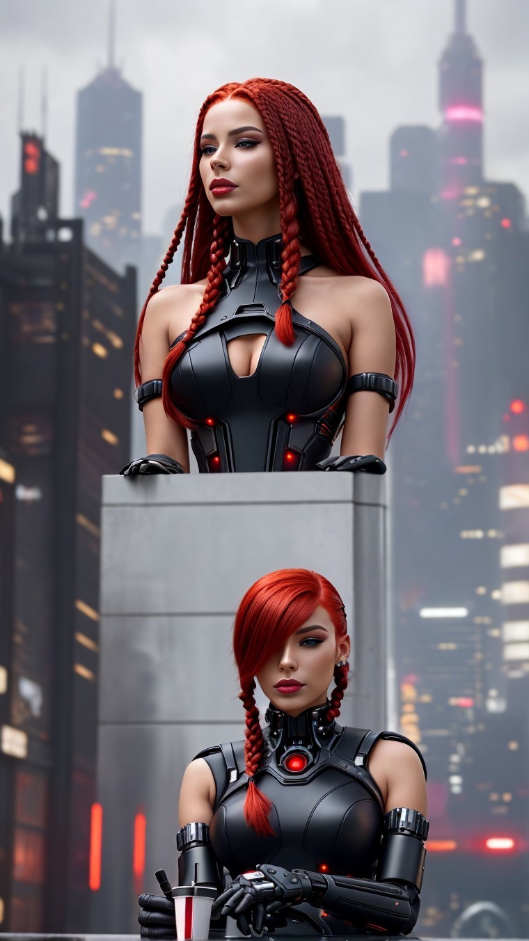 Futuristic Cyborg Women in Cyberpunk Cityscape