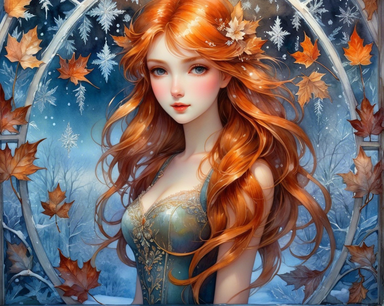 Vibrant Watercolor of Woman with Autumn and Winter Themes