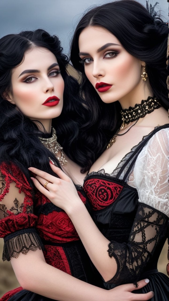 Elegant Women in Vintage Dresses with Dramatic Beauty
