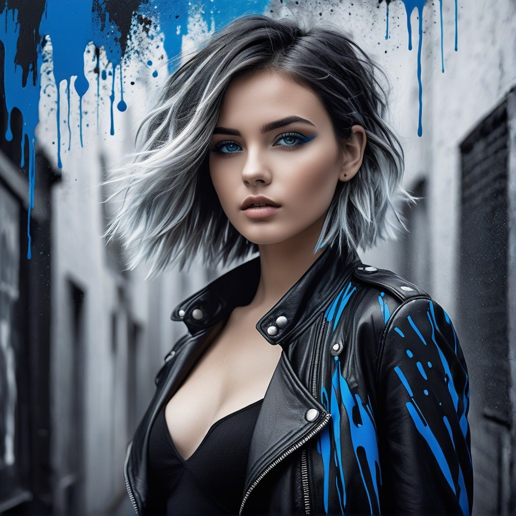 Portrait of Young Woman with Gray Hair and Blue Makeup