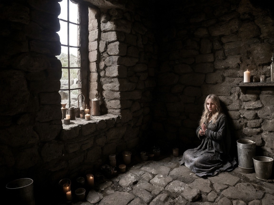 Young girl in a dim stone room with flickering candles