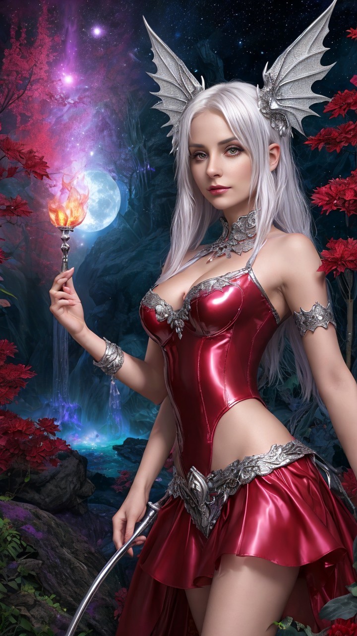Figure in Red Outfit with Torch in Enchanted Forest
