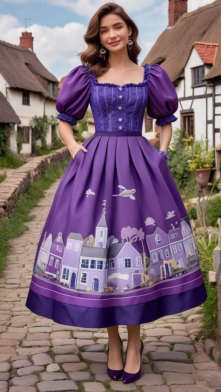 Woman in Purple Dress in Picturesque Village Scene