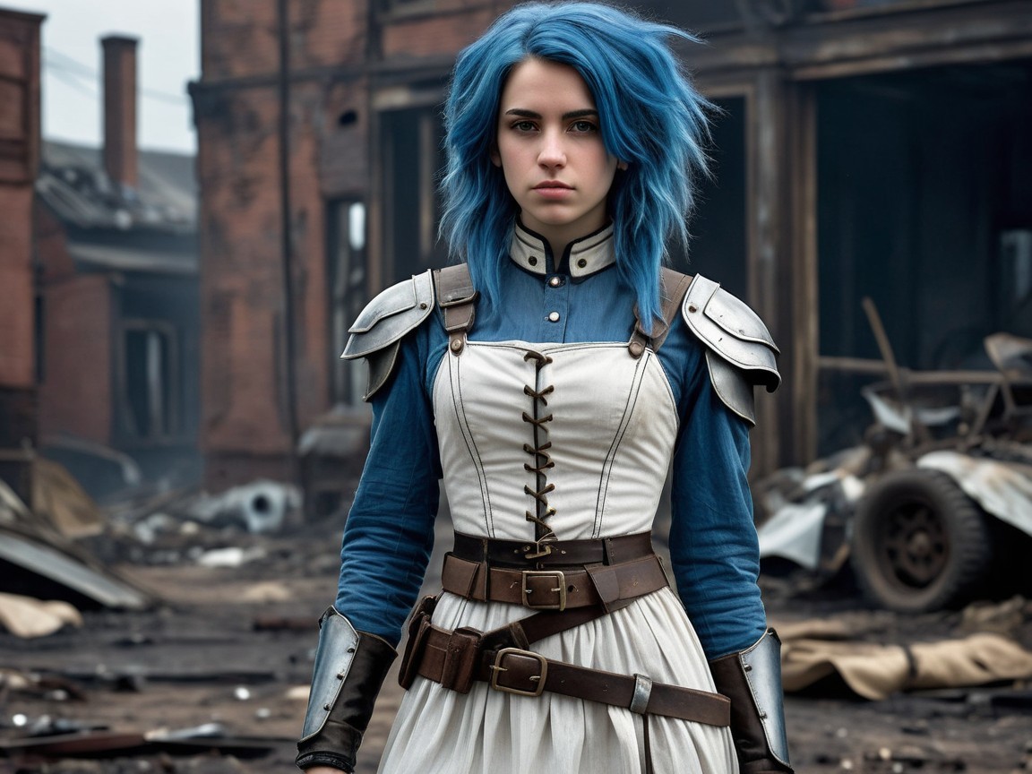 Young woman in armor and dress in industrial setting