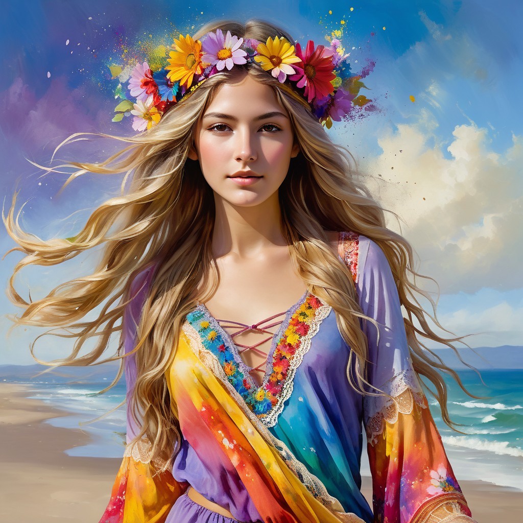 Serene Young Woman in Vibrant Beach Dress and Flowers